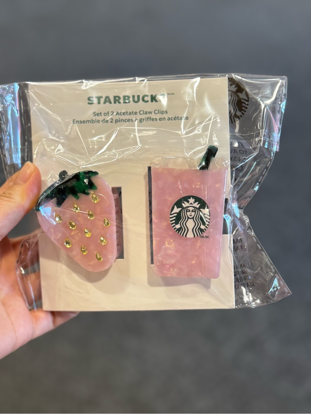 Starbucks Pink Strawberry & Cup Acetate Claw Clips - Pink with Green Accents